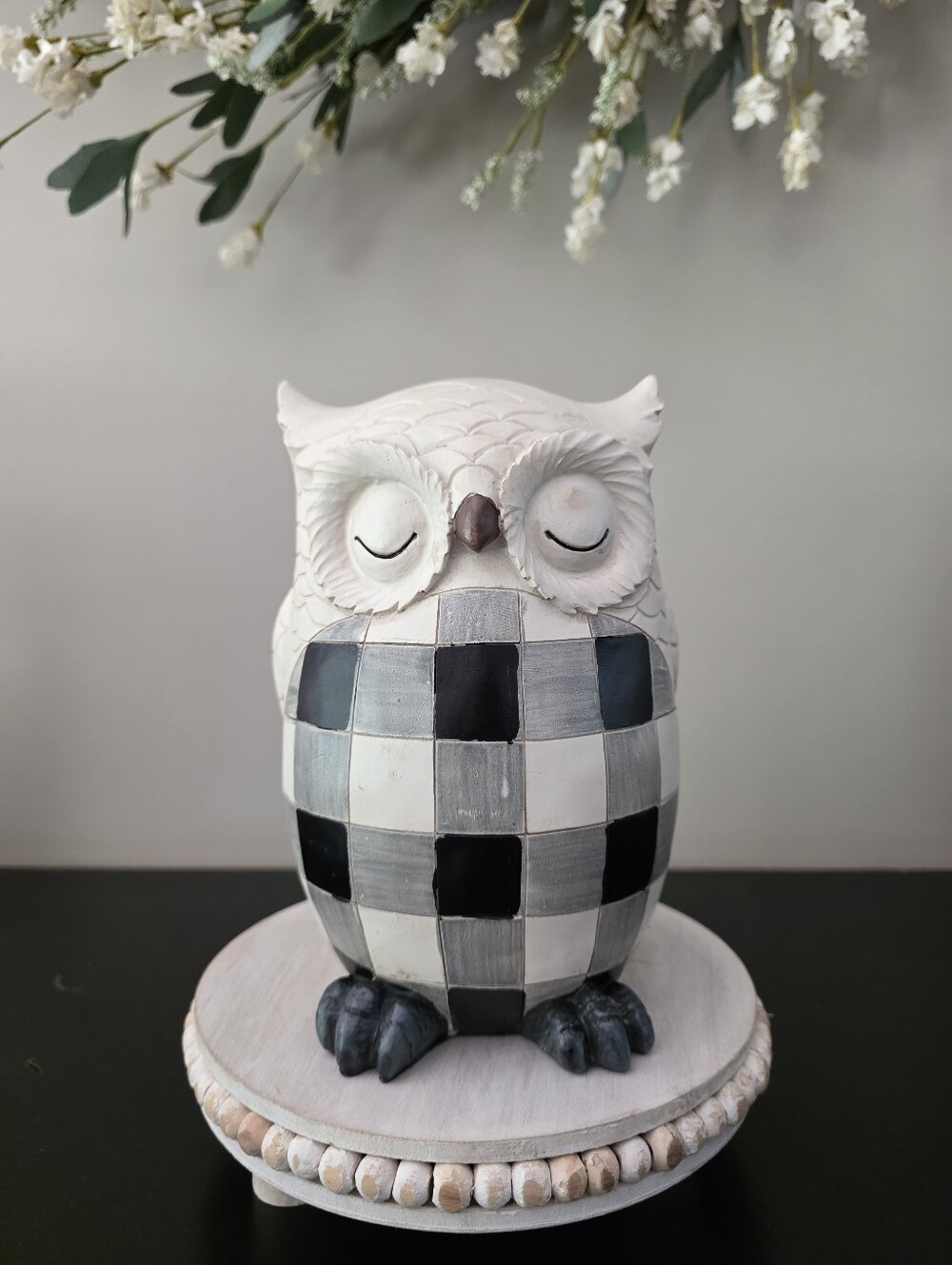 White and Gray Checkered Owl Decorative Figurine - New